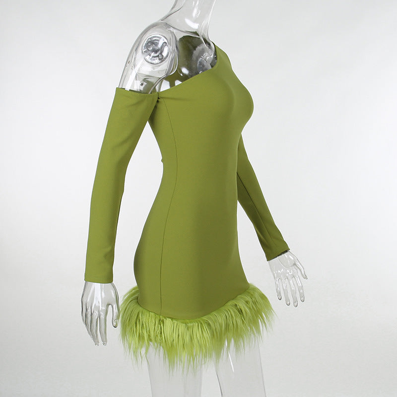 Kathy Oblique Shoulder Feather Mini Dress