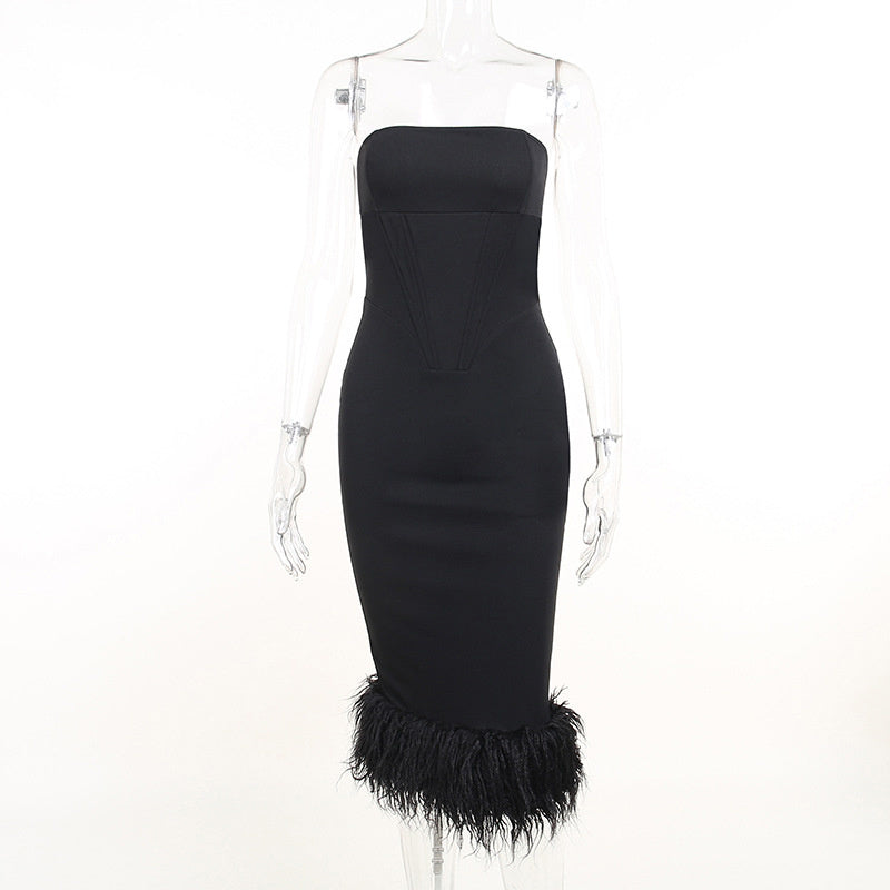 Marion Off-shoulder Strapless Feather Tassel Midi Dress