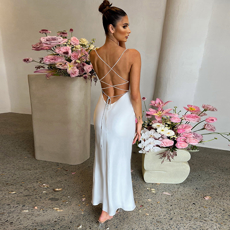 Satin Spaghetti Strap Hight Split Long Dress