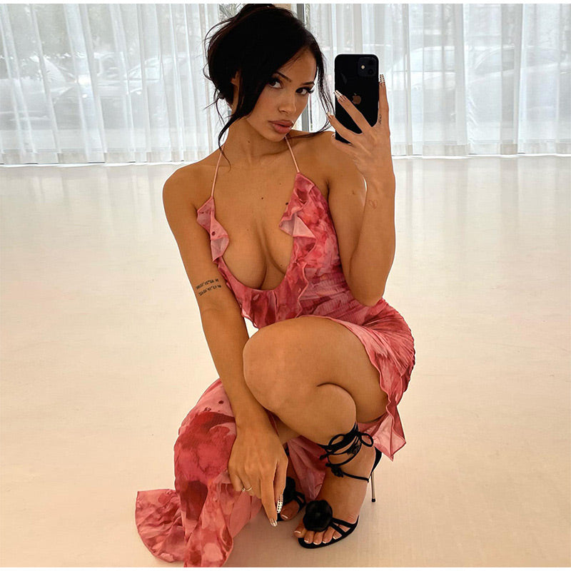 Melissa Ruffles Printed Backless Lace Up Dress