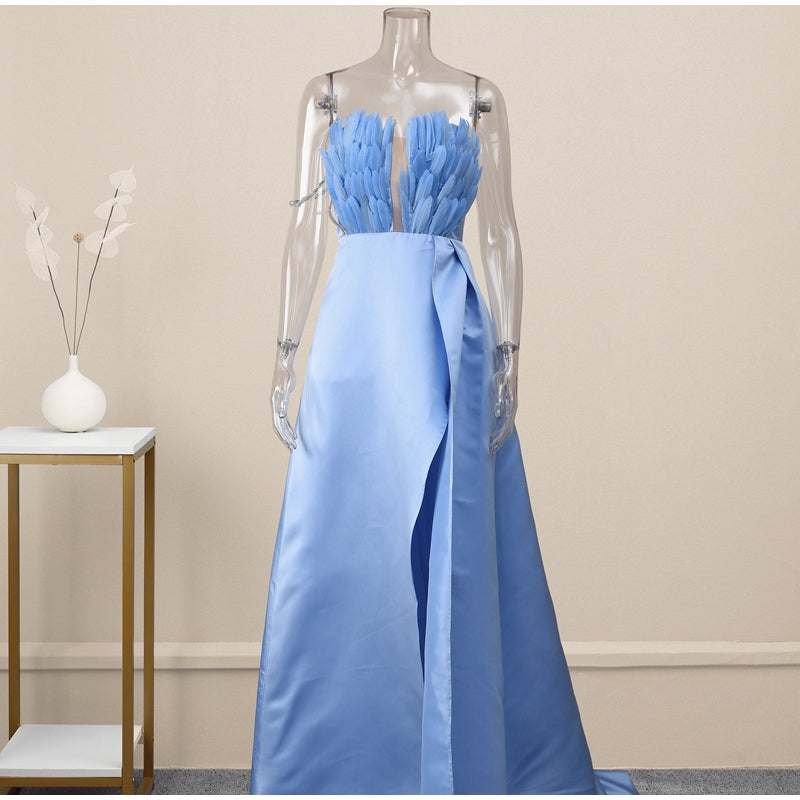 Teresa Off Shoulder Feather Large Hem Slit Maxi Dress