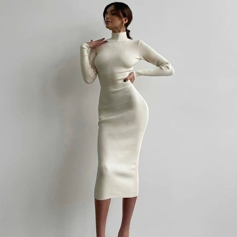 Emma Long Sleeve High Neck Knitted Midi Dress