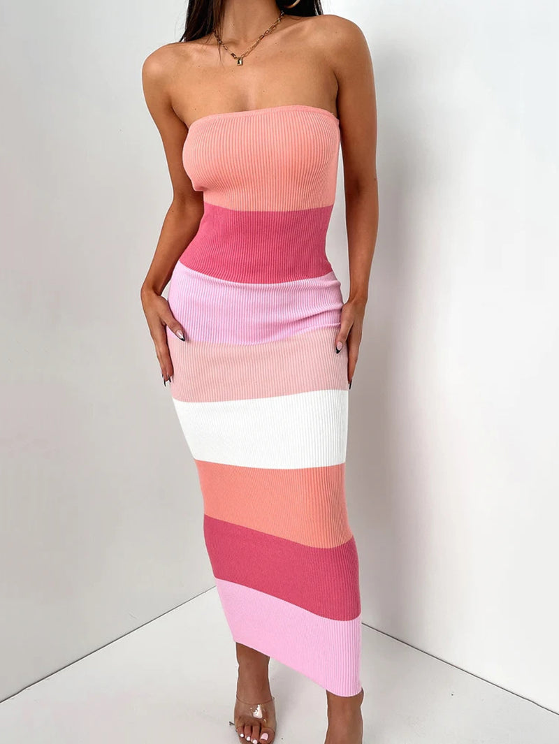 Linda Contrast Colors Strapless Knit Midi Dress