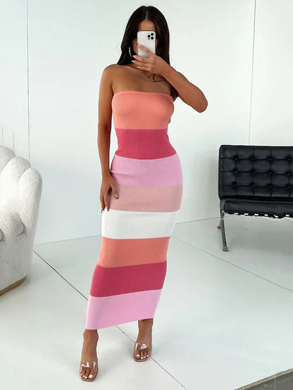 Linda Contrast Colors Strapless Knit Midi Dress