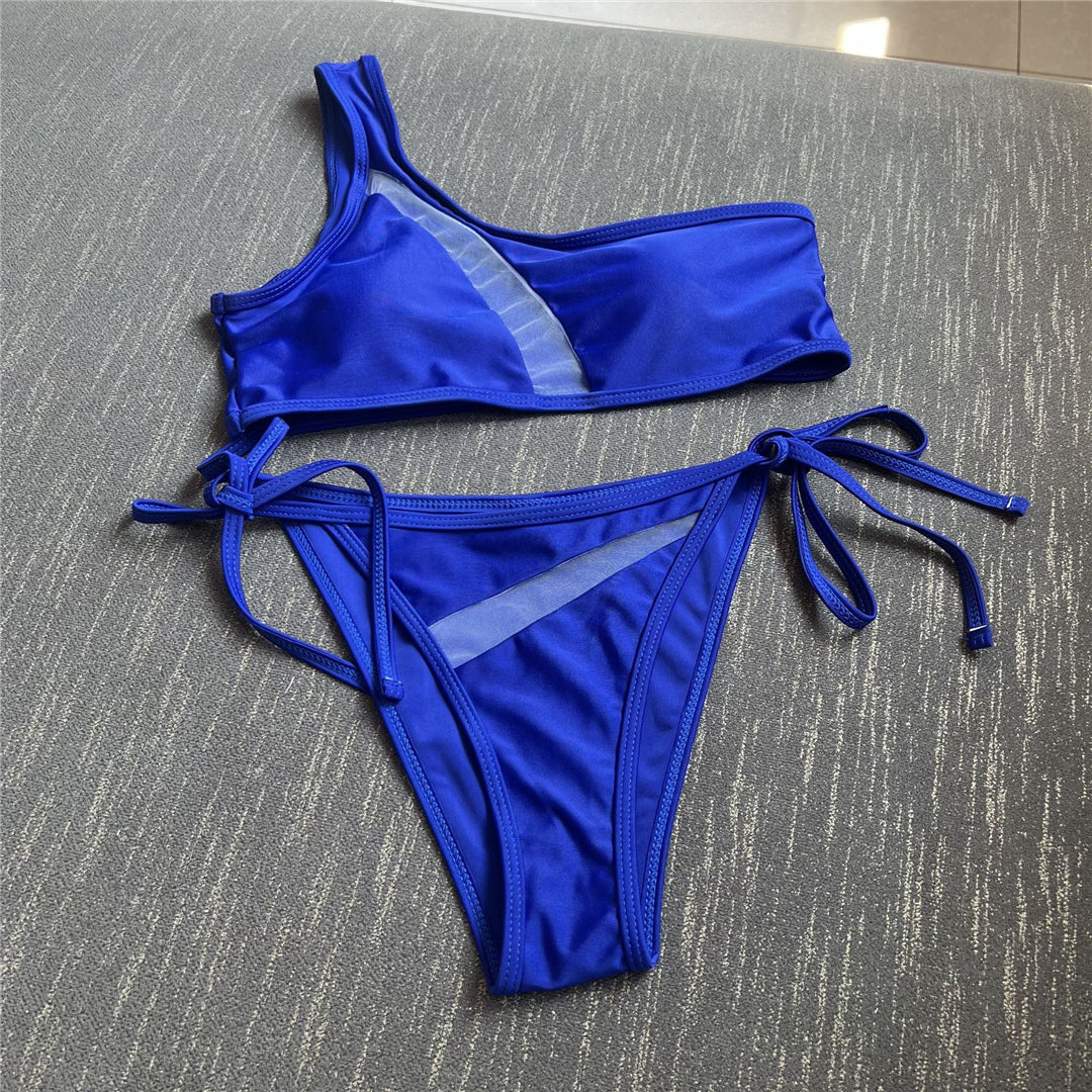 Sexy Mesh Sheer One Shoulder Strappy Bikini