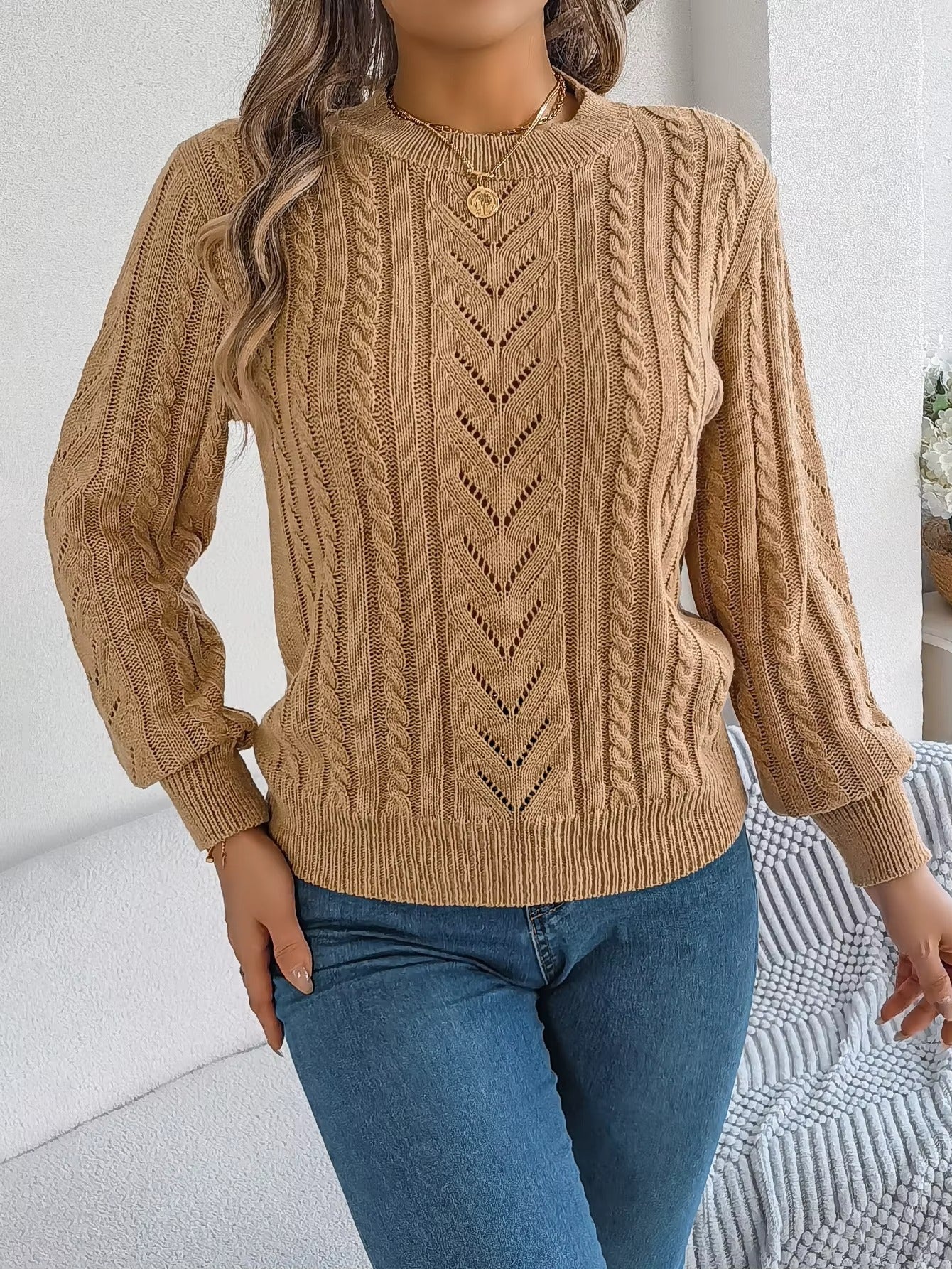 Women's O-Neck Hollow Out Long Sleeve Pullover Sweater