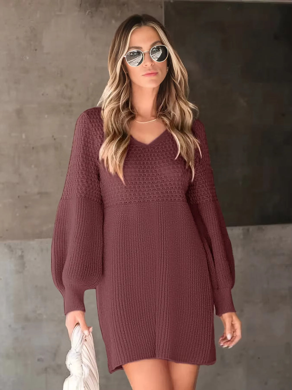 Women's Casual V-Neck Bubble Sleeve Pure Knitted Sweater Dress