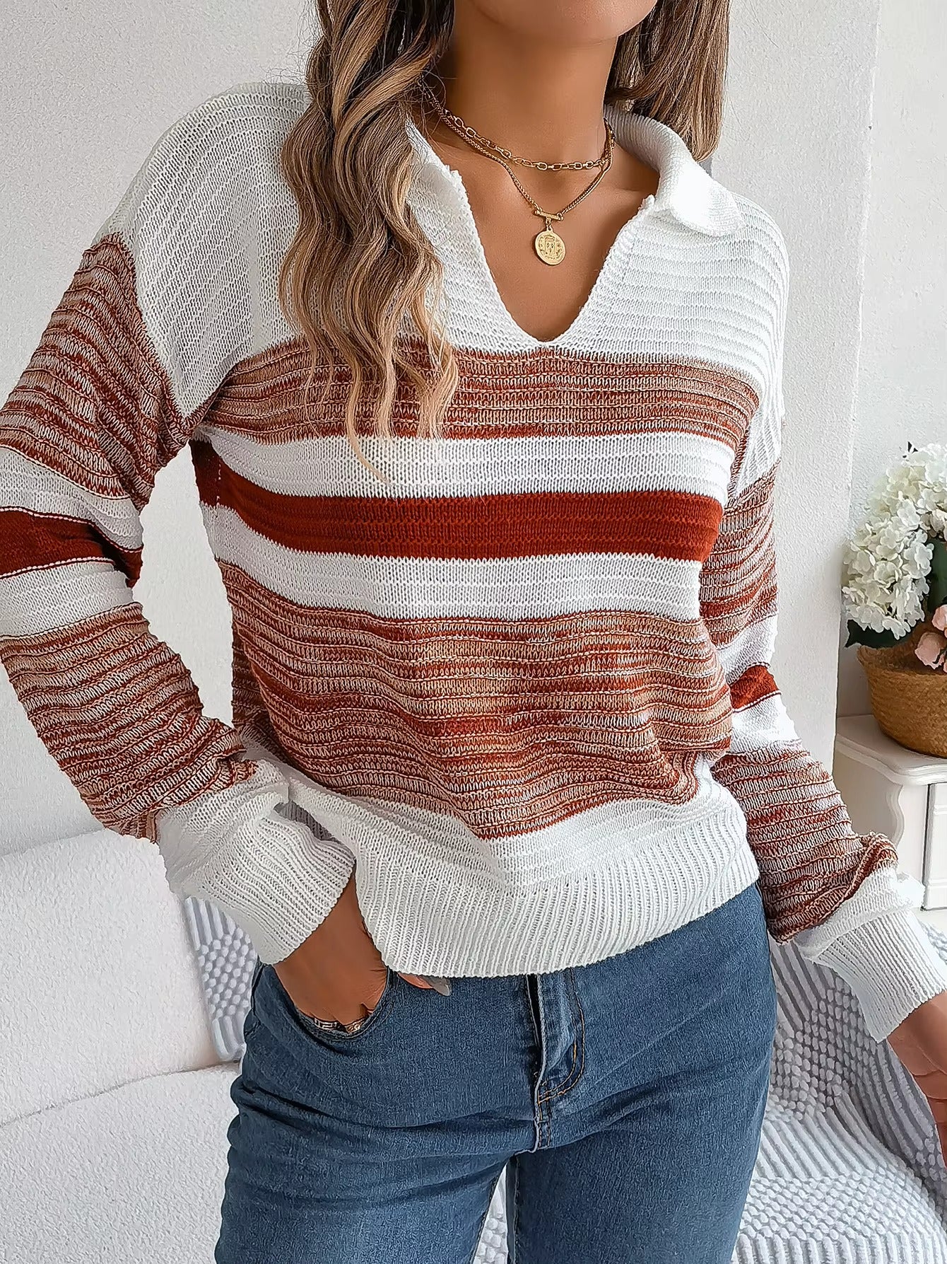 Elegant V-Neck Sweater Outfit 2026 | Lapel Patchwork Knit Pullover Look