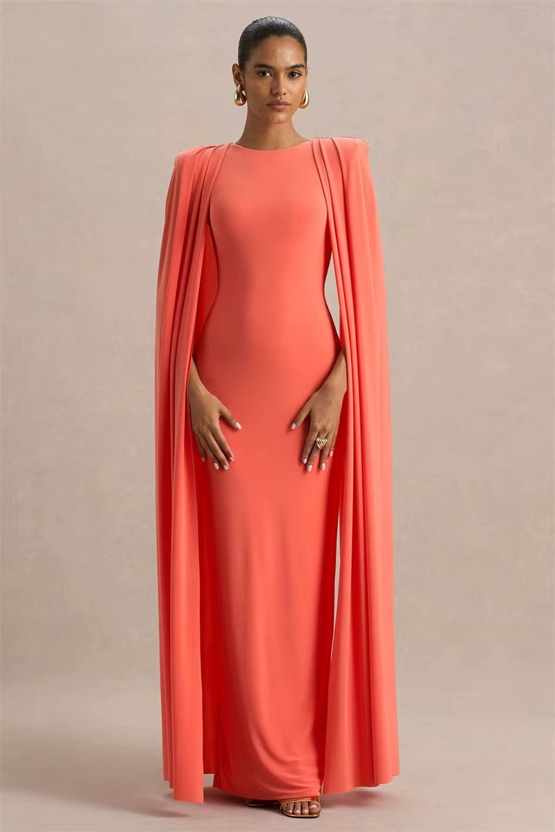 Cape Sleeve Sexy Maxi Dress for Women – Elegant High Waist O-Neck Gown with Split & Zipper