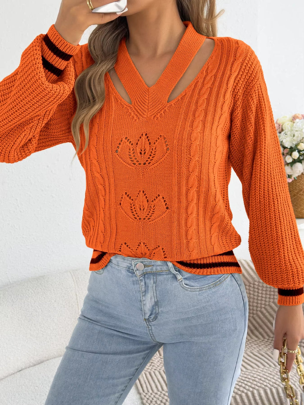 Women’s V-Neck Floral Hollow Out Striped Sweater