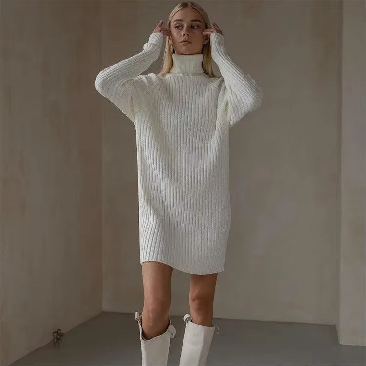 Women's High Collar Long Sleeve Thickened Knit Sweater Dress