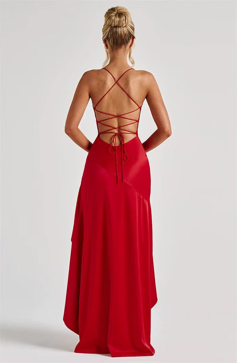 Satin Spaghetti Strap Ruffle Sexy Maxi Dress