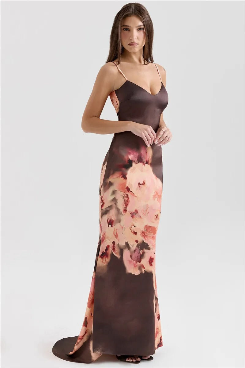 Julie Satin Floral Print Sexy Maxi Dress
