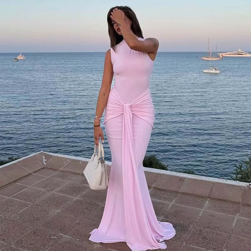 Sleeveless Draped Ruched Sexy Maxi Dress