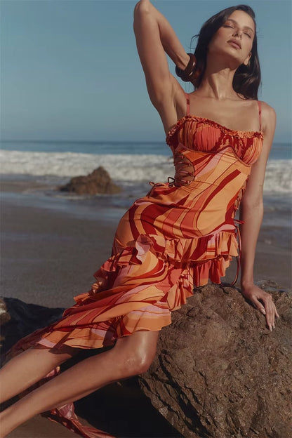 Print Ruffle Cut Out Sexy Maxi Dress