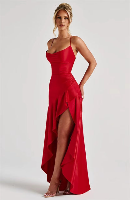 Satin Spaghetti Strap Ruffle Sexy Maxi Dress