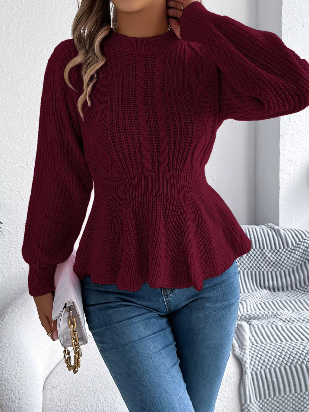 Women's Belted Waist & Flounce Hem Casual Long Sleeve Round Neck Sweater