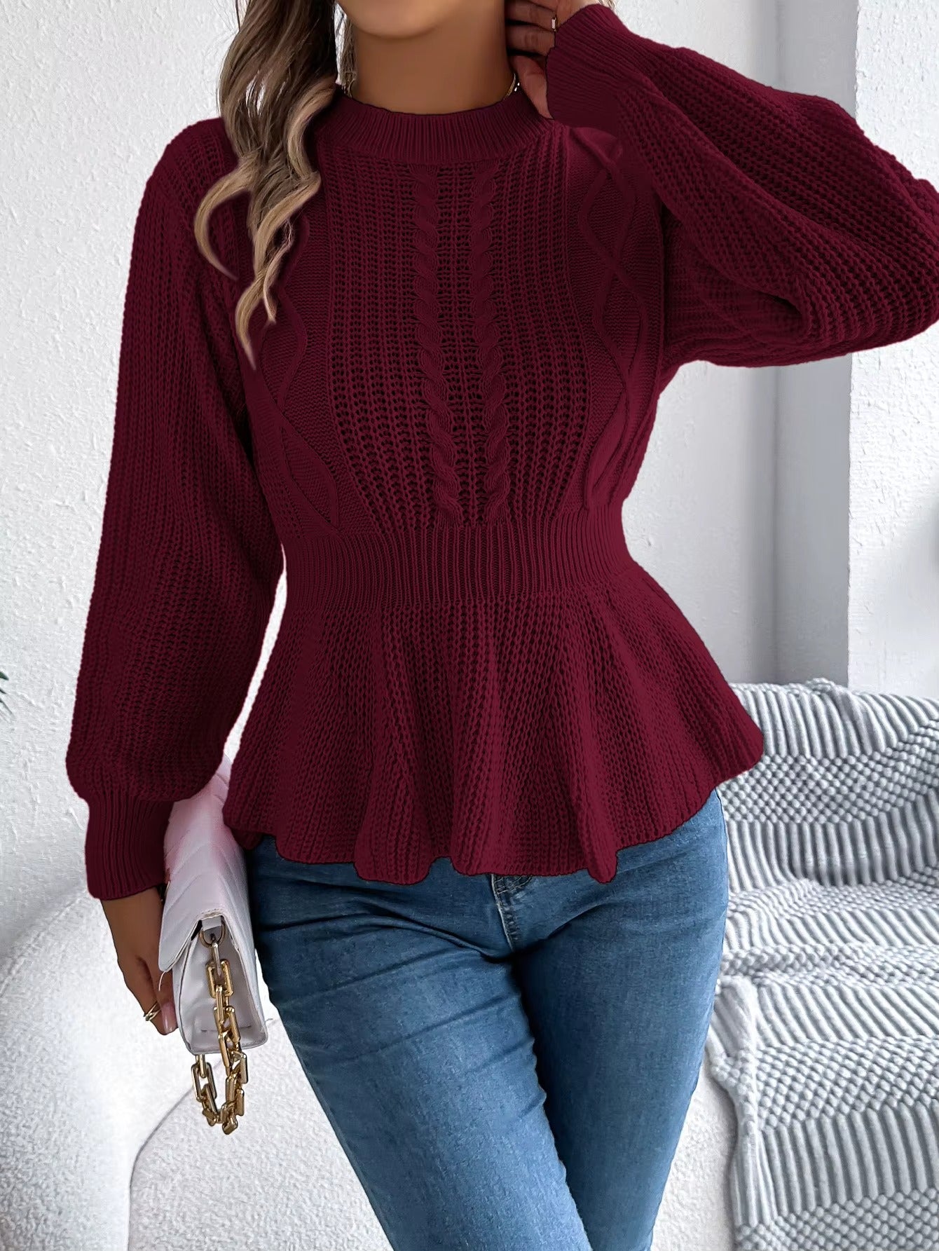 Women's Belted Waist & Flounce Hem Casual Long Sleeve Round Neck Sweater