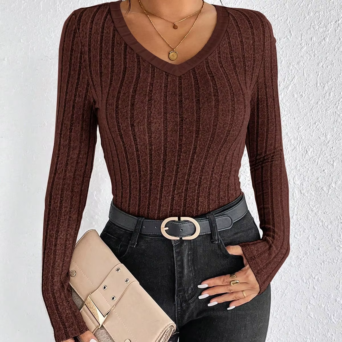 Slim Fit V-Neck Long Sleeve Knitted Jumper for Women