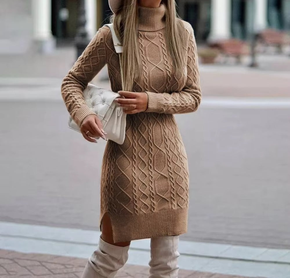 Women's Turtleneck Long Sleeve Cable Knit Sweater Dress