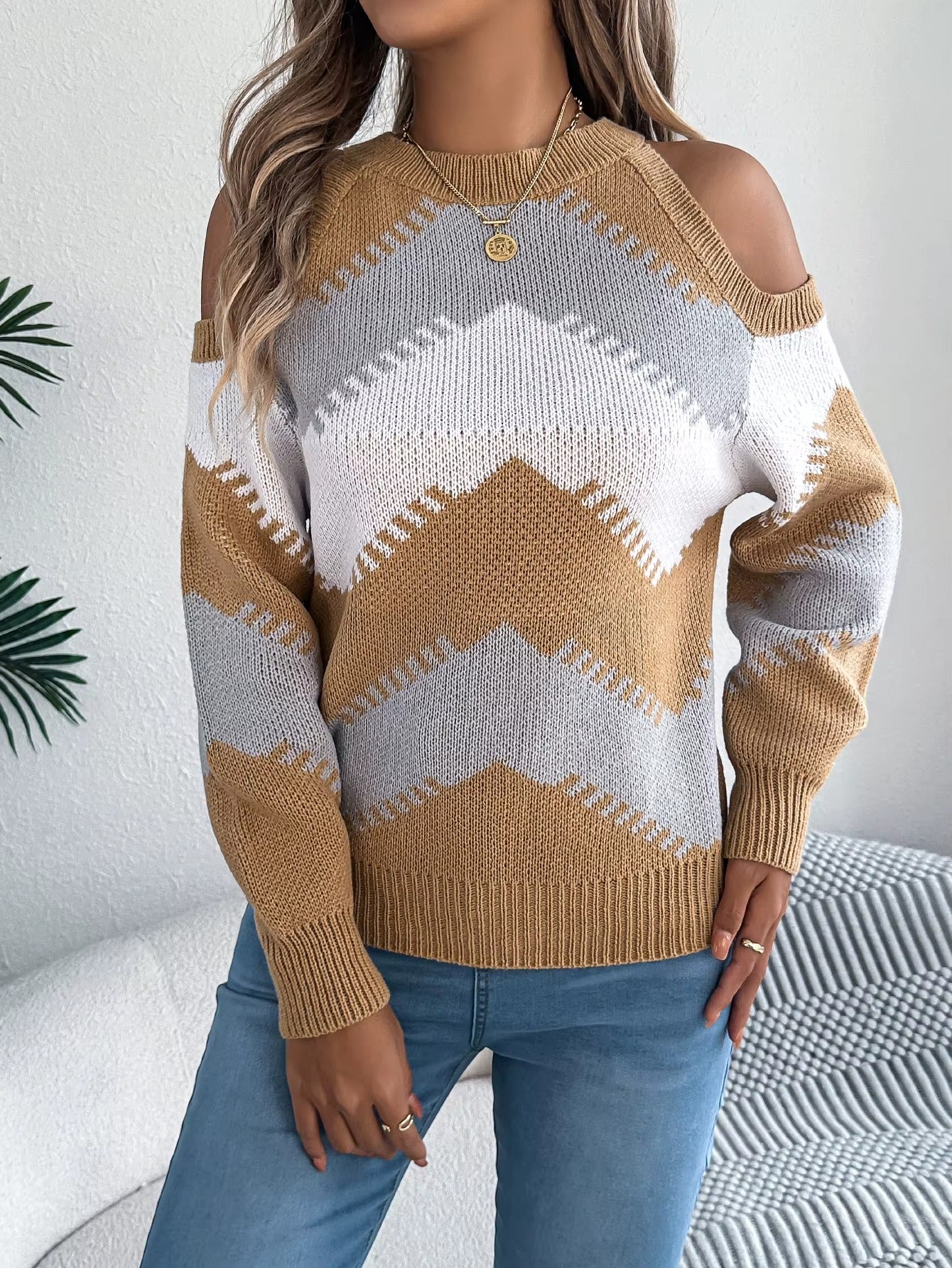 Women’s Contrast Color Striped Off-Shoulder Round Neck Sweater