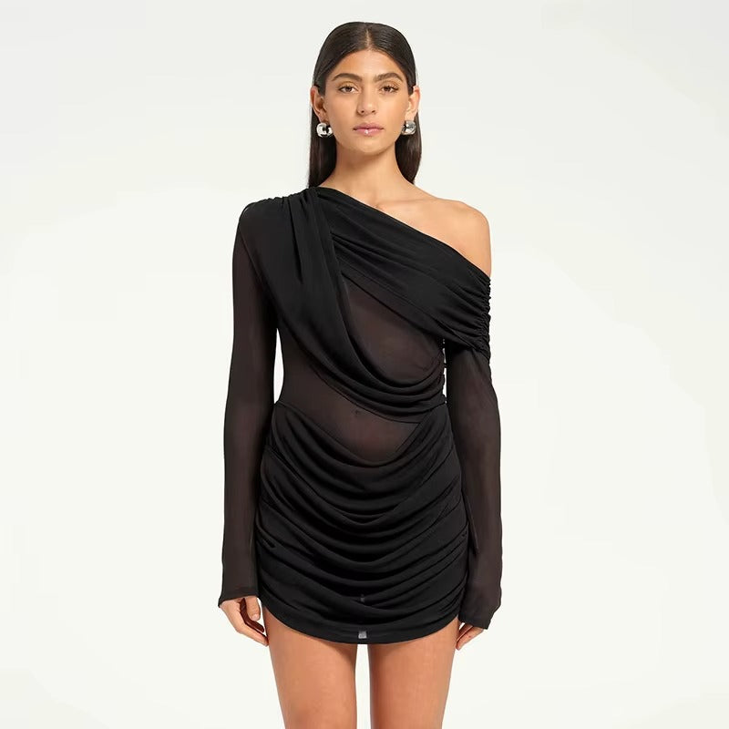 Mesh One-shoulder Long Sleeve Sexy Mini Dress