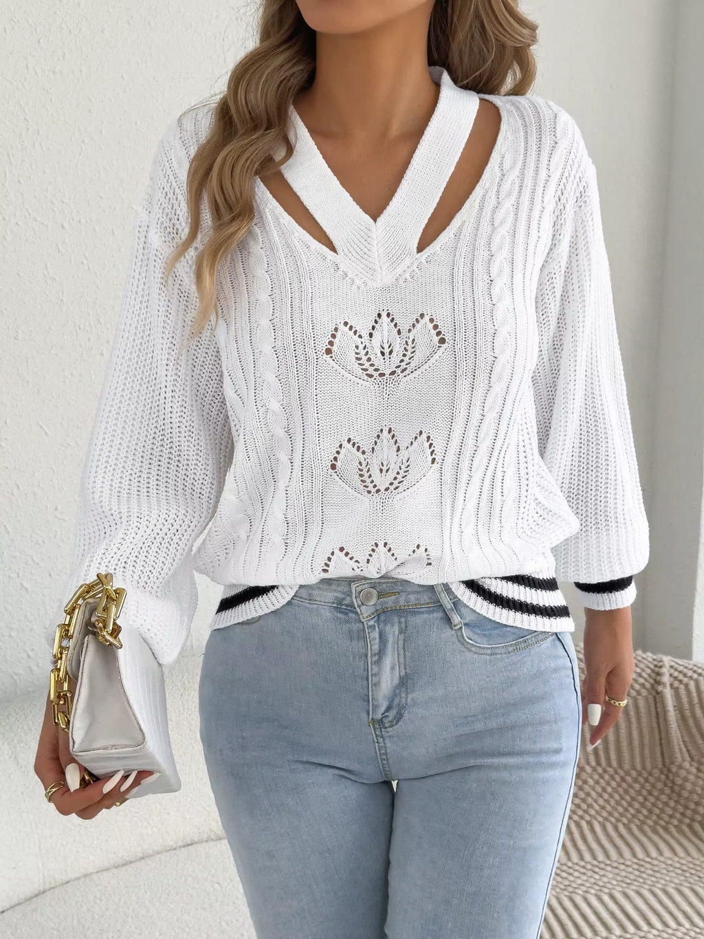 Women’s V-Neck Floral Hollow Out Striped Sweater
