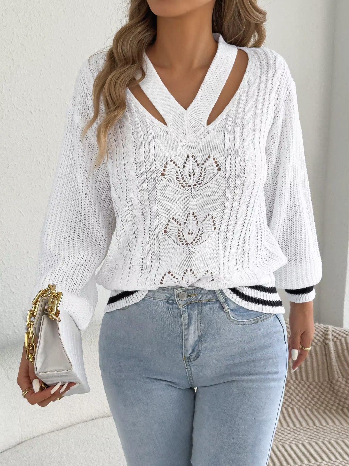 Women’s V-Neck Floral Hollow Out Striped Sweater
