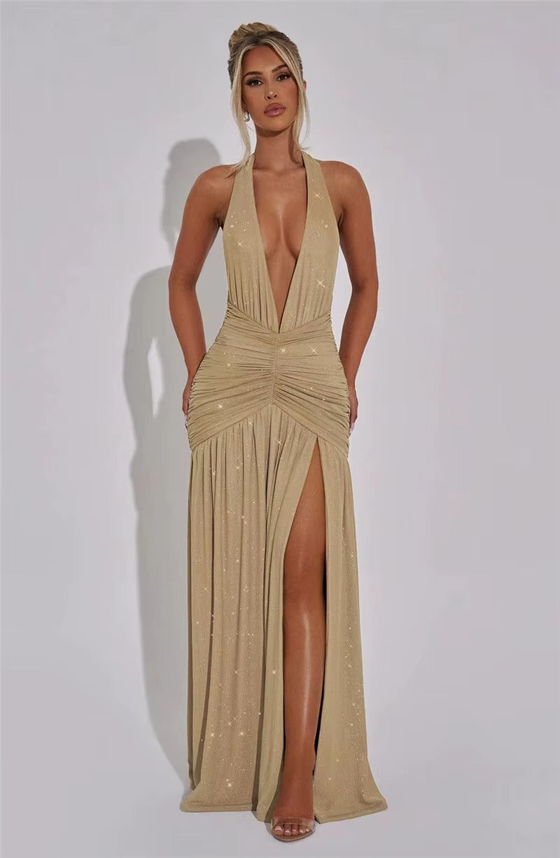 Aimee Glitter Deep V Neck Sexy Maxi Dress