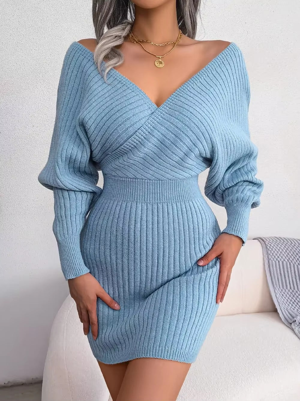 Women's Casual Sexy Cross V Neck Batwing Sleeve Solid ColorDress