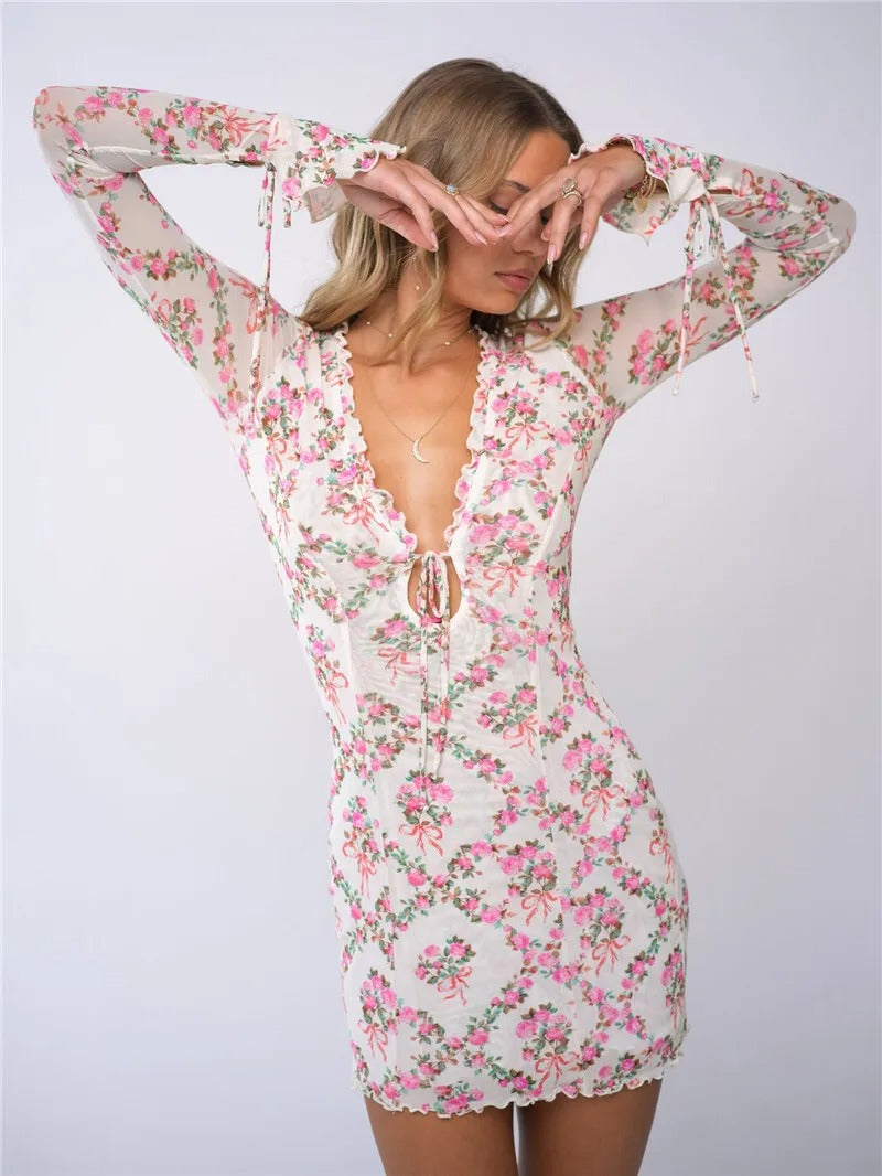 Miranda Deep V Neck Lace-up Print Sexy Mini Dress