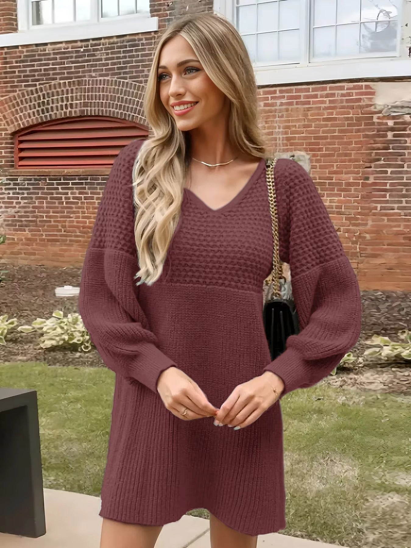Women's Casual V-Neck Bubble Sleeve Pure Knitted Sweater Dress