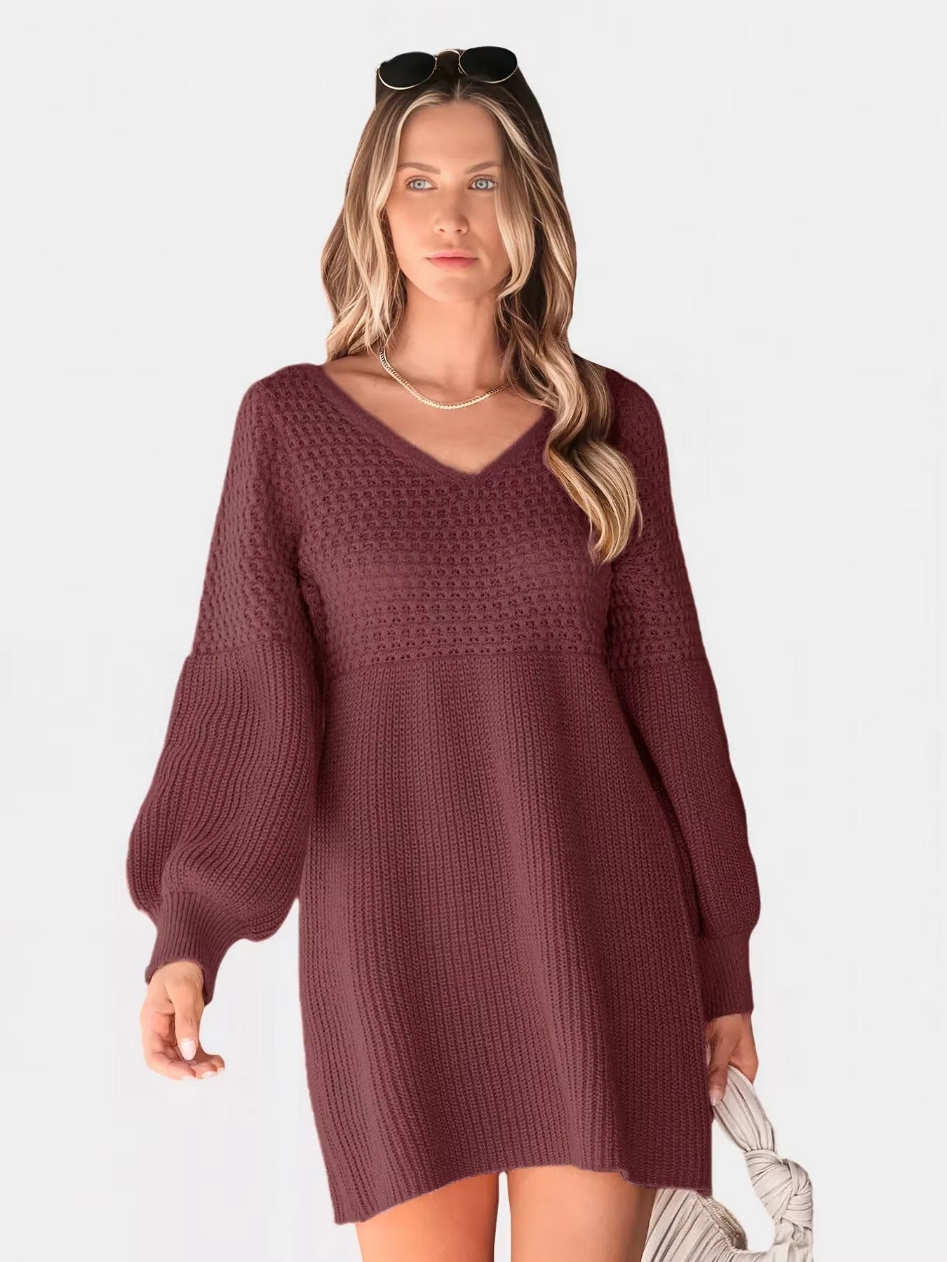 Women's Casual V-Neck Bubble Sleeve Pure Knitted Sweater Dress