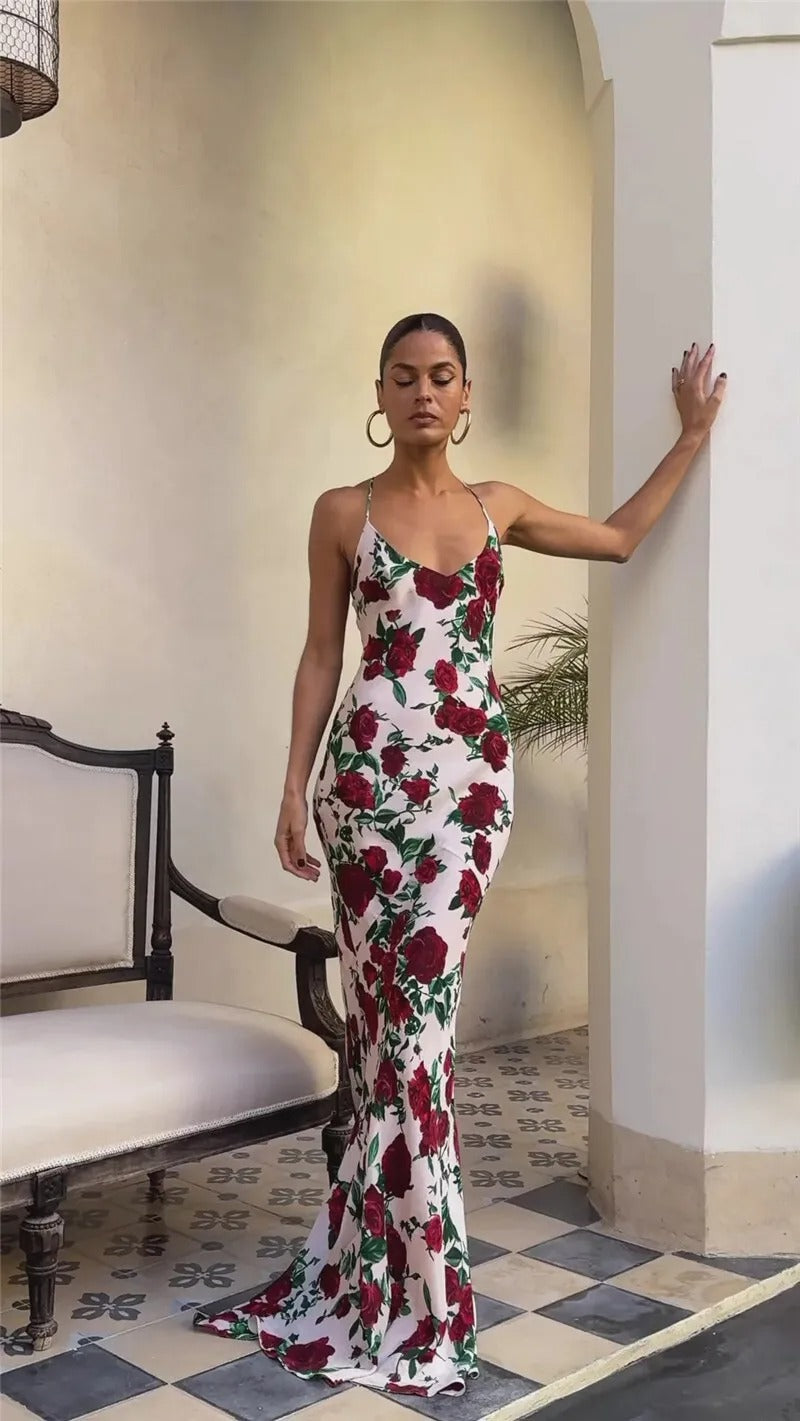 Maria Halter Backless Print Sexy Maxi Dress