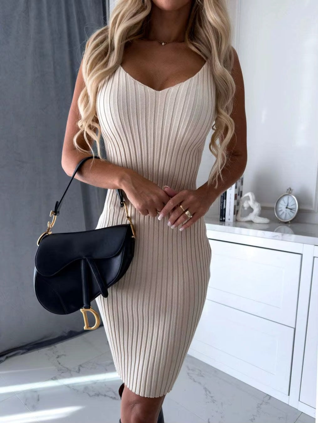 Slim Fit Sexy Knitted Mid-Length Dress with Stripe Detail