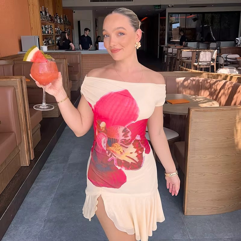 Patsy Skew Collar Ruffled Print Sexy Mini Dress