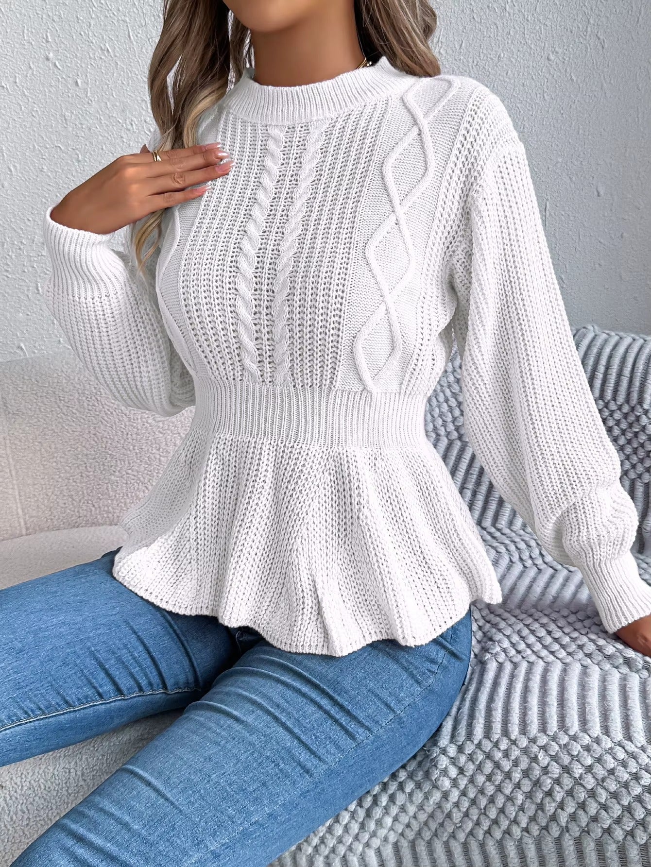 Women's Belted Waist & Flounce Hem Casual Long Sleeve Round Neck Sweater