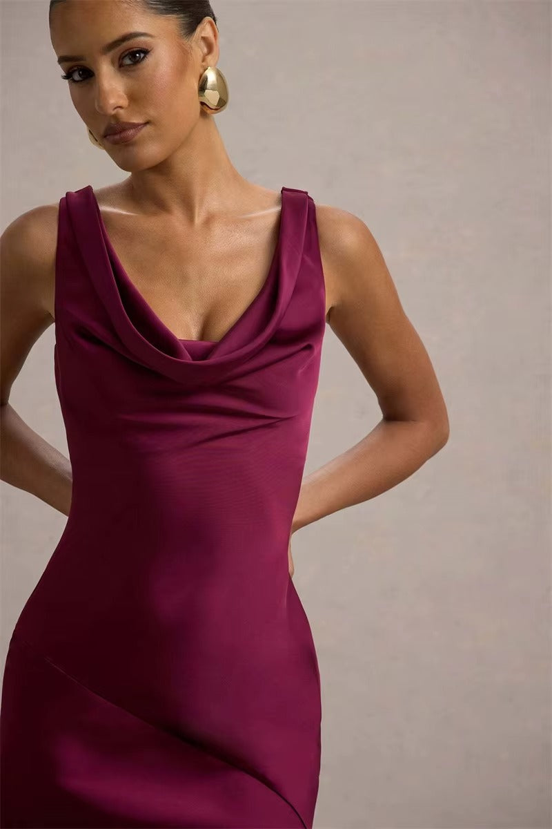 Bertha Satin Cowl Neck Backless Sexy Maxi Dress