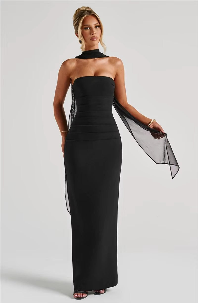 Alyssa Scarf Collar Strapless Sexy Maxi Dress