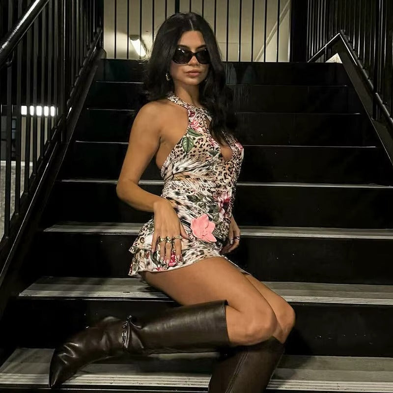 Lillian Hollow Out Halter Print Mini Dress