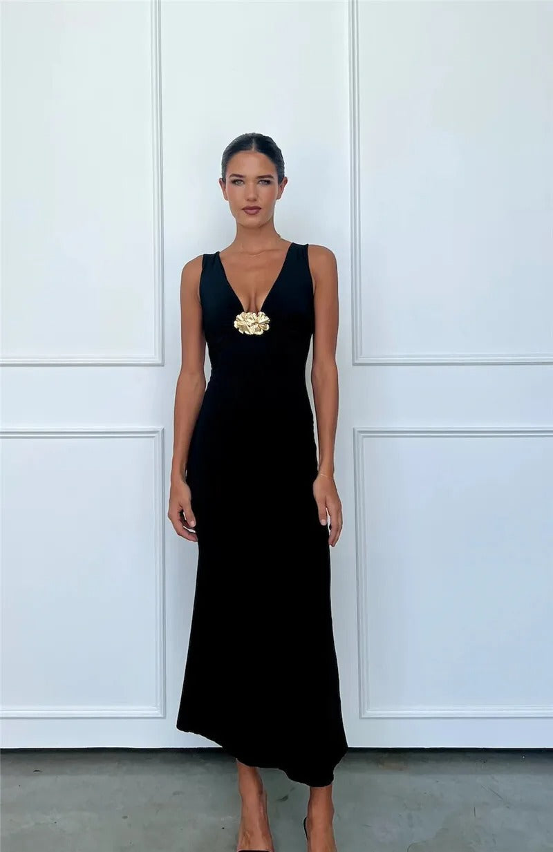Julia Deep V Neck Front Gold Clasp Sexy Maxi Dress