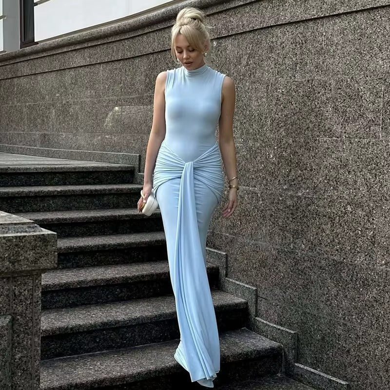 Sleeveless Draped Ruched Sexy Maxi Dress