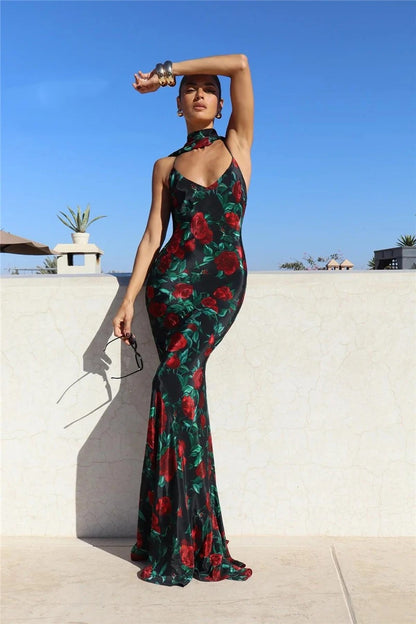 Maria Halter Backless Print Sexy Maxi Dress