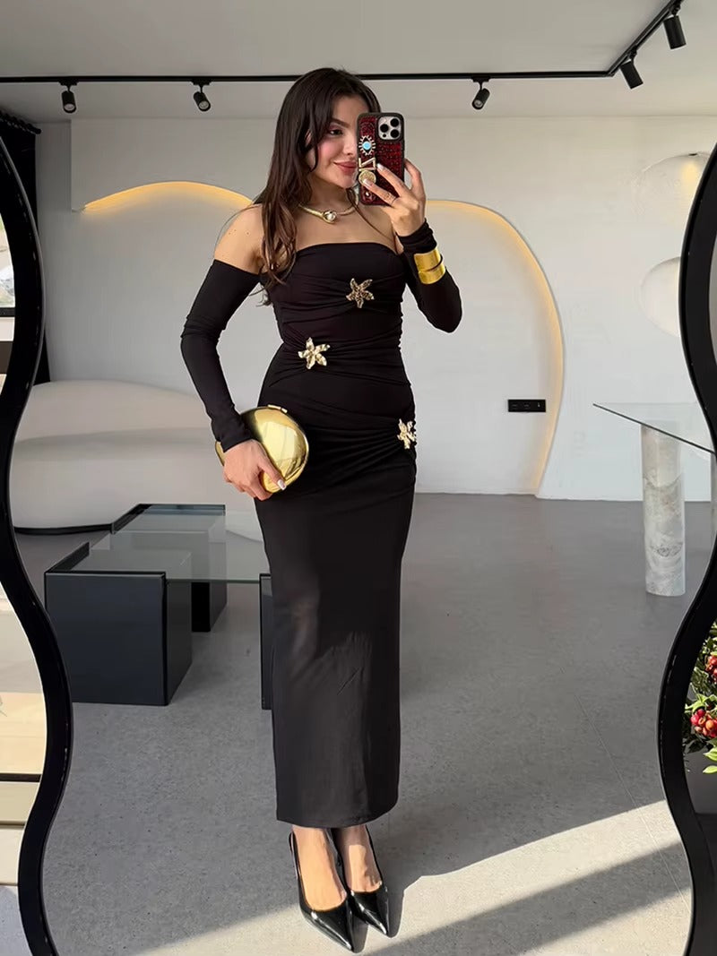 Joanv Metal Buckle Strapless Sexy Maxi Dress