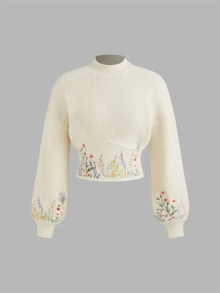 Women's Floral Embroidered Mock Neck Sweater
