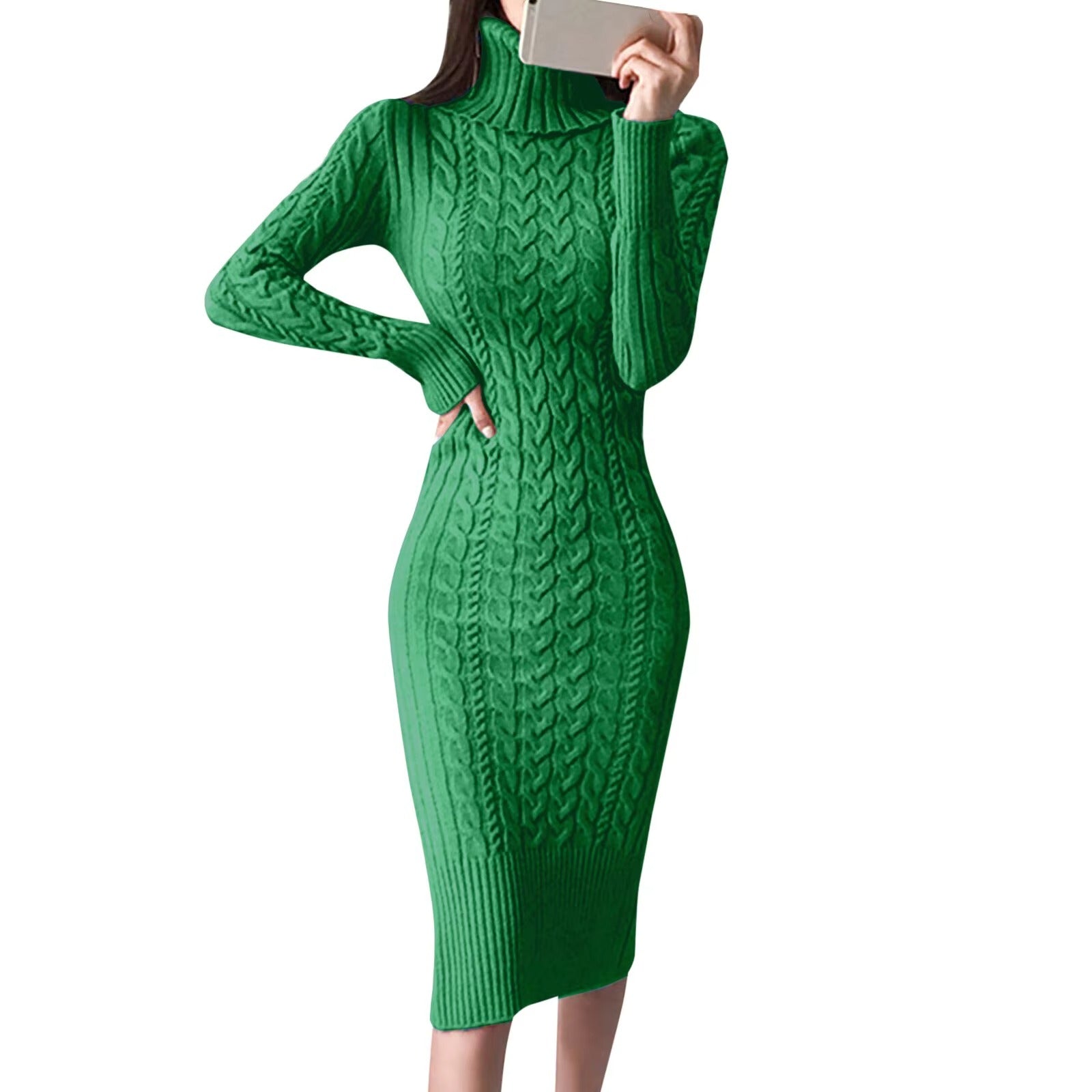 Women's Turtleneck Long Sleeve Solid Color Sweater Dress