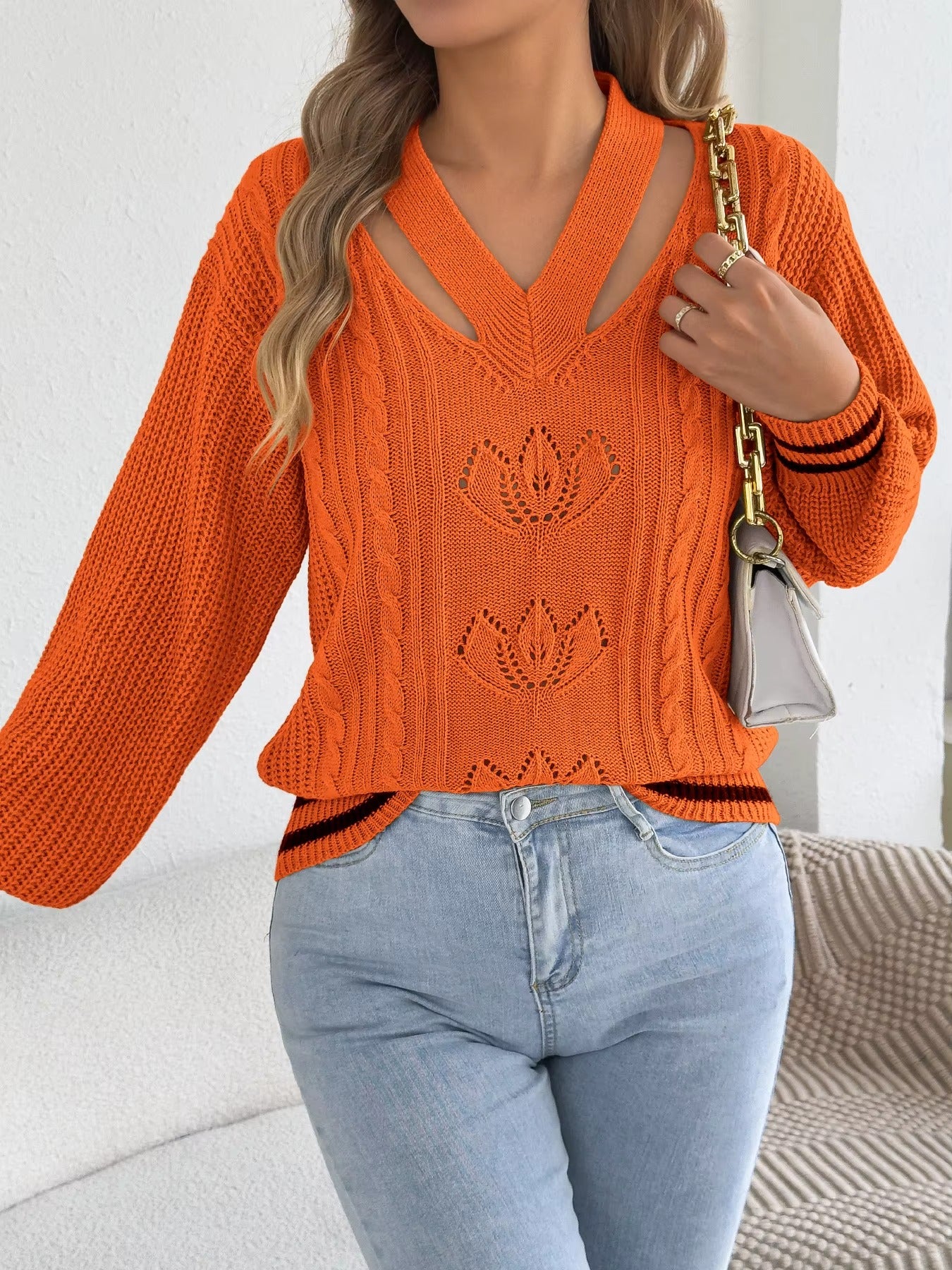 Women’s V-Neck Floral Hollow Out Striped Sweater