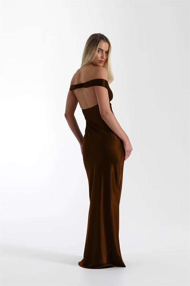 Satin Off-shoulder Backless Sexy Maxi Dress