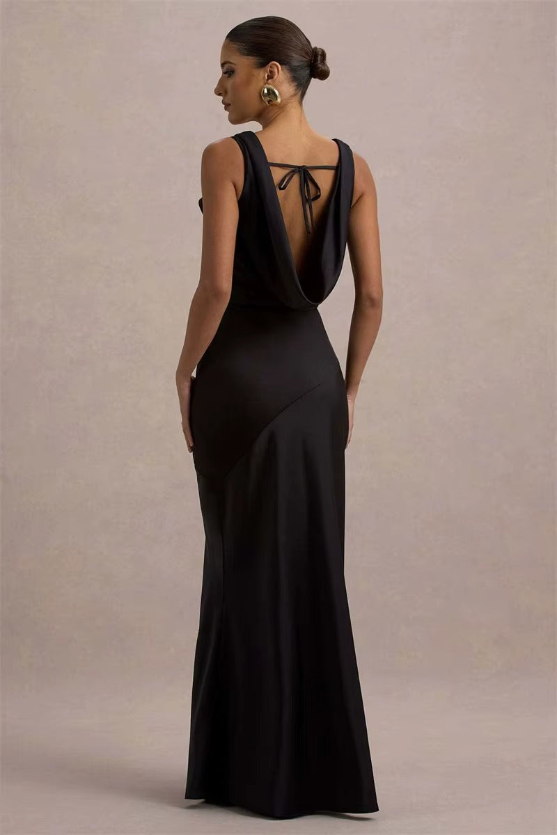 Satin Cowl Neck Backless Sexy Maxi Dress