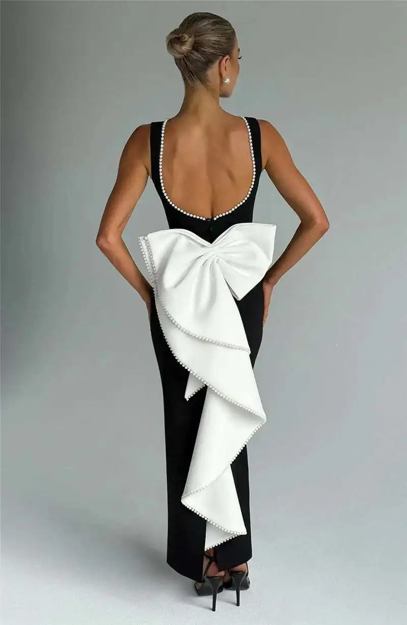 Lorraine Pearl Bow Backless Sexy Maxi Dress